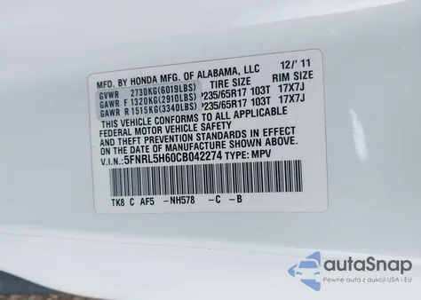 2012 Honda Odyssey Ex-L z USA, uszkodzony, nr VIN 5FNRL5H60CB042274